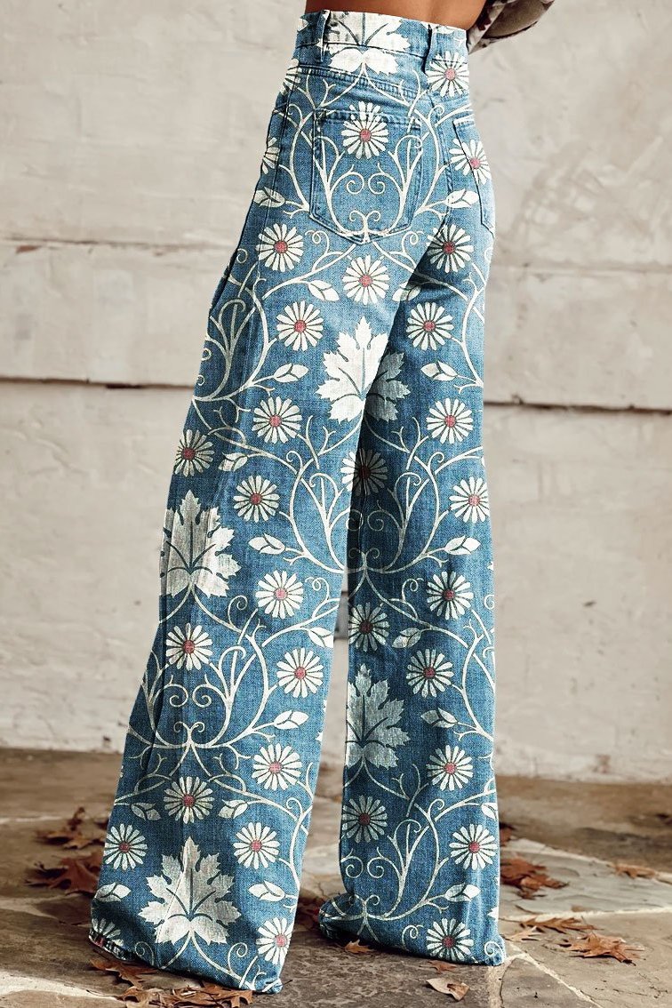 Women Floral Wide Leg Jeans | High Waist Casual Wear-Women Pants-Homefinn