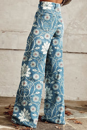Women Floral Wide Leg Jeans | High Waist Casual Wear-Women Pants-Homefinn