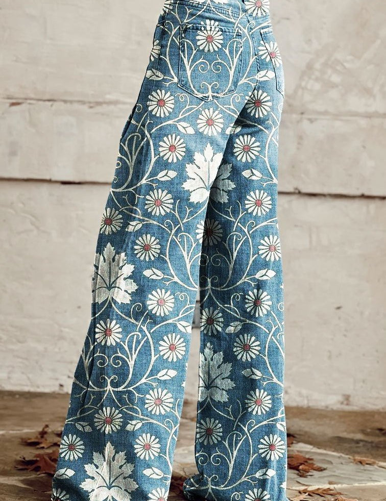 Women Floral Wide Leg Jeans | High Waist Casual Wear-Women Pants-Homefinn