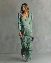 Women Fringe Maxi Dress | V Neck Long Sleeve Occasion Wear-Women Dress-Homefinn