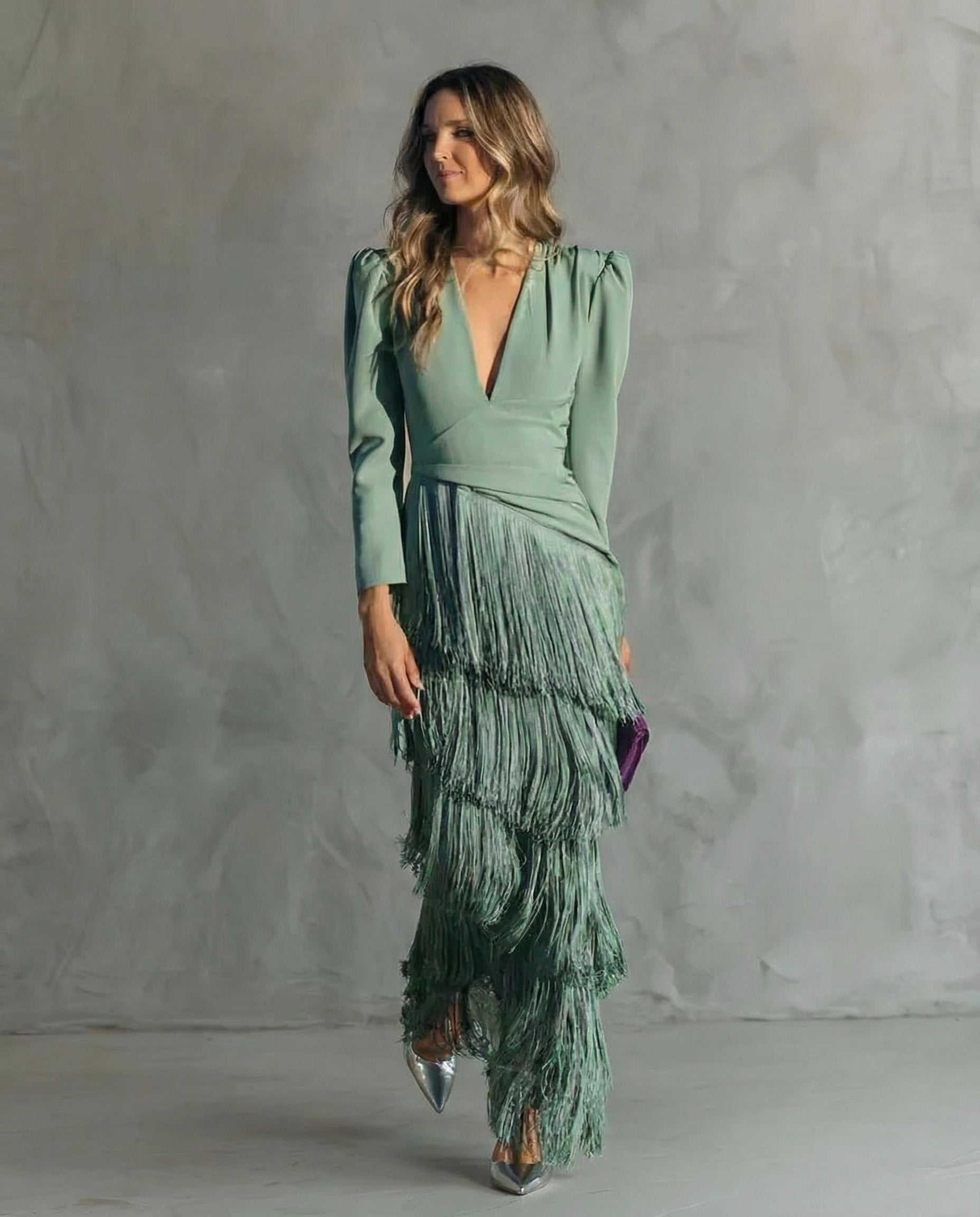 Women Fringe Maxi Dress | V Neck Long Sleeve Occasion Wear-Women Dress-Homefinn