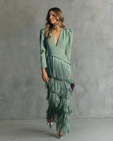Women Fringe Maxi Dress | V Neck Long Sleeve Occasion Wear
