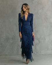 Women Fringe Maxi Dress | V Neck Long Sleeve Occasion Wear-Women Dress-Homefinn