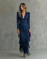 Women Fringe Maxi Dress | V Neck Long Sleeve Occasion Wear