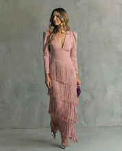 Women Fringe Maxi Dress | V Neck Long Sleeve Occasion Wear-Women Dress-Homefinn