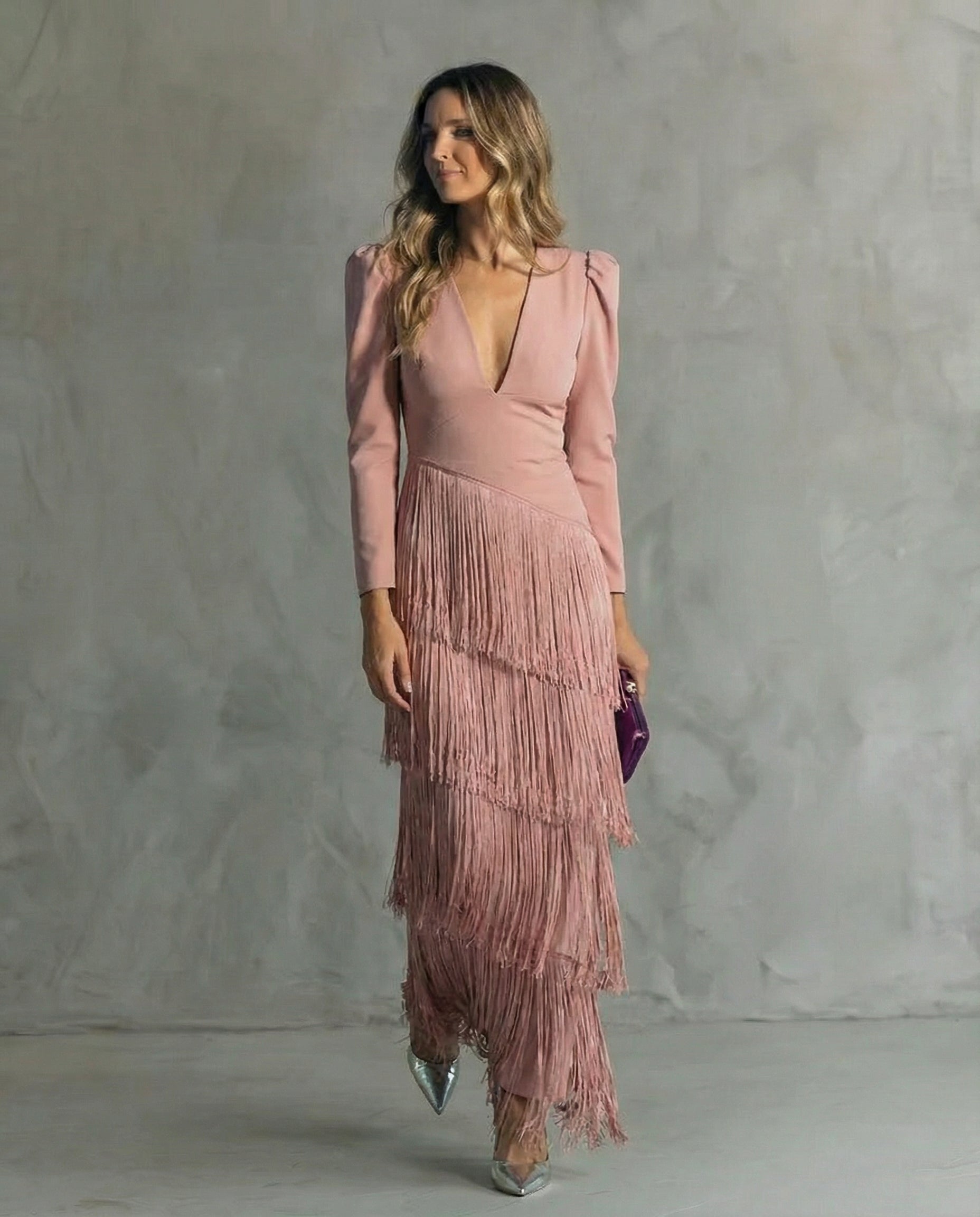 Women Fringe Maxi Dress | V Neck Long Sleeve Occasion Wear-Women Dress-Homefinn