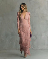 Women Fringe Maxi Dress | V Neck Long Sleeve Occasion Wear
