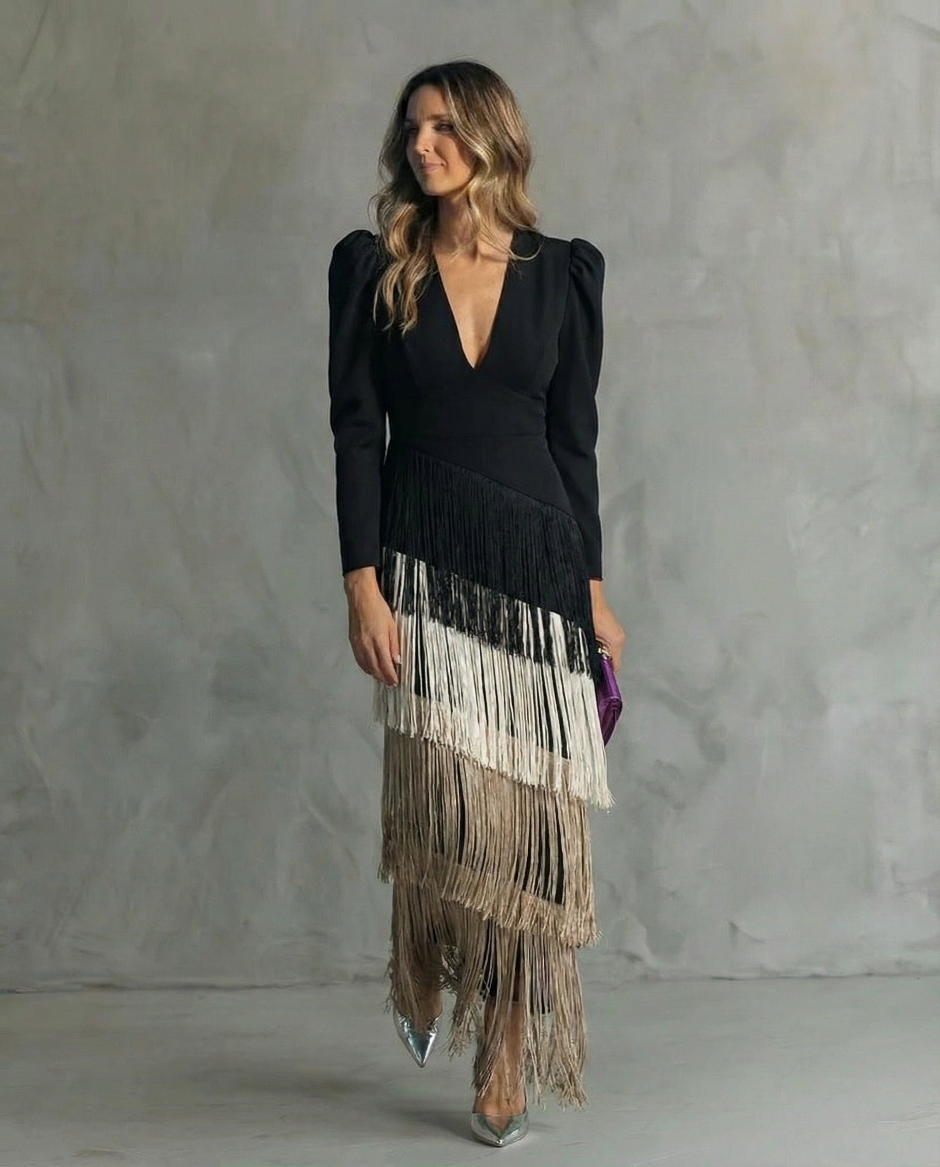 Women Fringe Maxi Dress | V Neck Long Sleeve Occasion Wear-Women Dress-Homefinn
