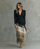 Women Fringe Maxi Dress | V Neck Long Sleeve Occasion Wear