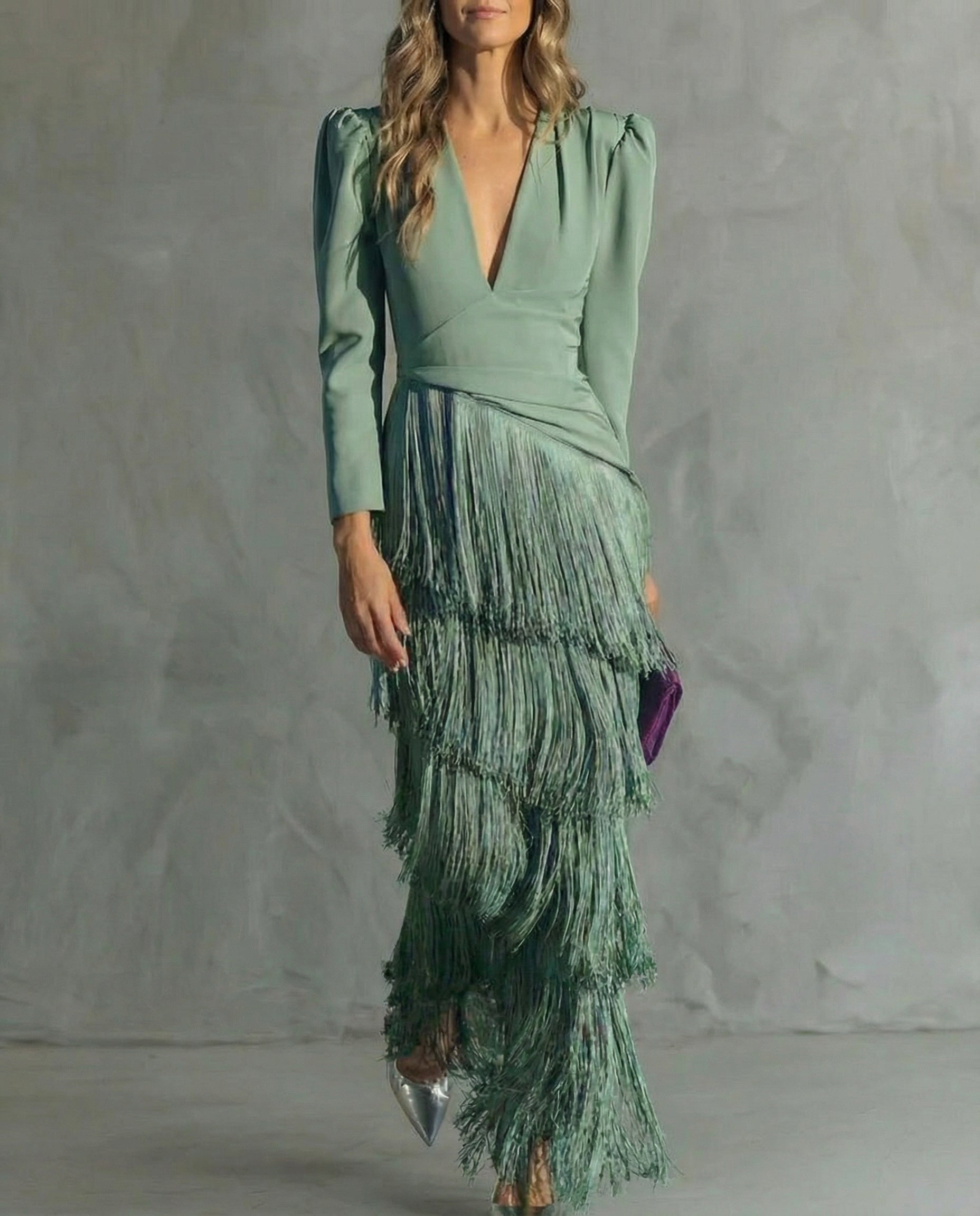 Women Fringe Maxi Dress | V Neck Long Sleeve Occasion Wear-Women Dress-Homefinn