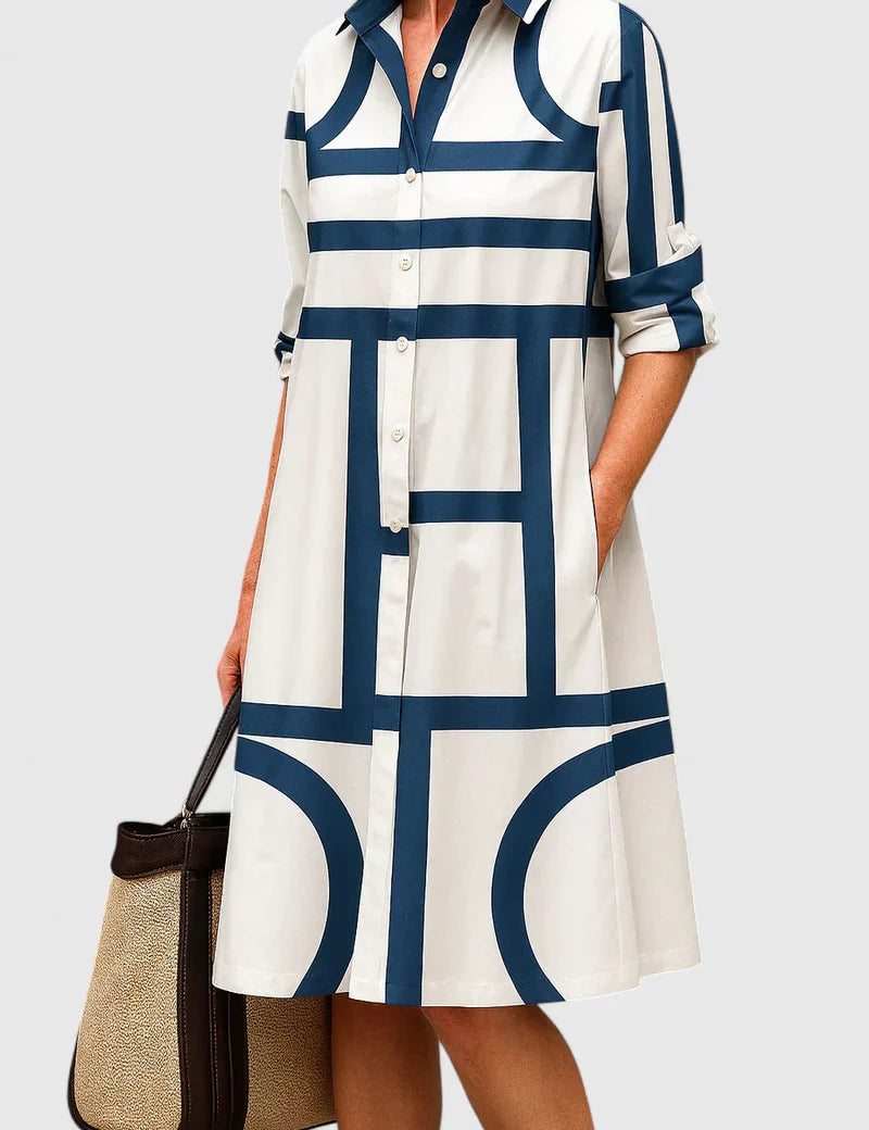 Women Geometric Print Shirt Dress | Button Front Collared Everyday Wear-Dress-Homefinn