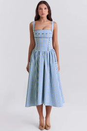 Women Gingham Midi Dress | Square Neck Sleeveless Occasion Wear-Women Dress-Homefinn