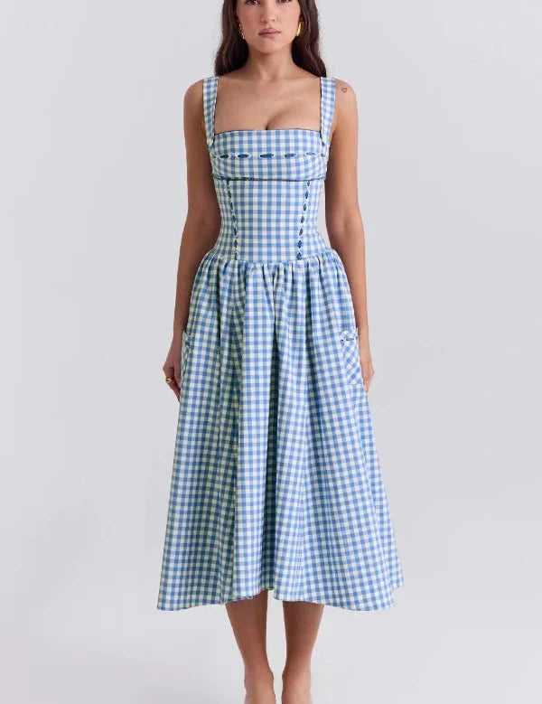 Women Gingham Midi Dress | Square Neck Sleeveless Occasion Wear-Women Dress-Homefinn