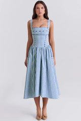 Women's Gingham Midi Dress | Square Neck Sleeveless Occasion Wear