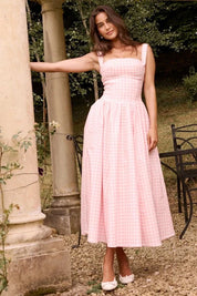 Women Gingham Midi Dress | Square Neck Sleeveless Occasion Wear-Women Dress-Homefinn