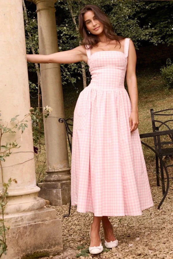 Women Gingham Midi Dress | Square Neck Sleeveless Occasion Wear-Women Dress-Homefinn