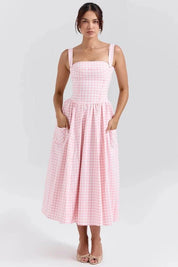 Women Gingham Midi Dress | Square Neck Sleeveless Occasion Wear-Women Dress-Homefinn