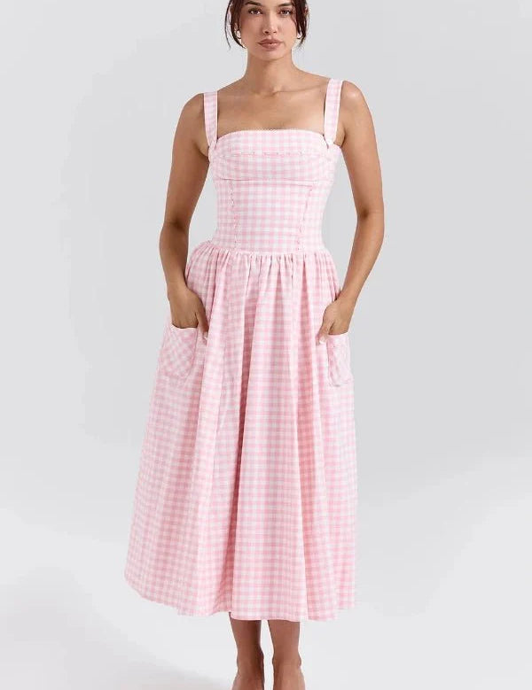 Women Gingham Midi Dress | Square Neck Sleeveless Occasion Wear-Women Dress-Homefinn