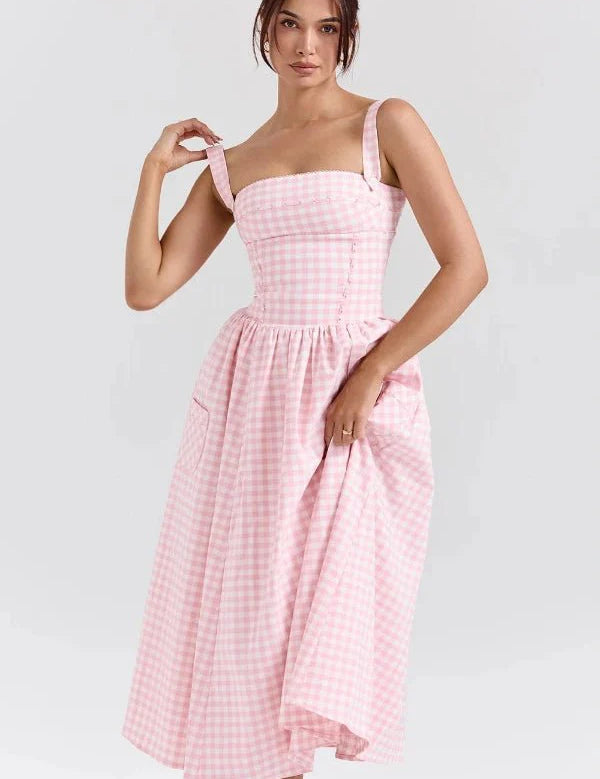 Women Gingham Midi Dress | Square Neck Sleeveless Occasion Wear-Women Dress-Homefinn