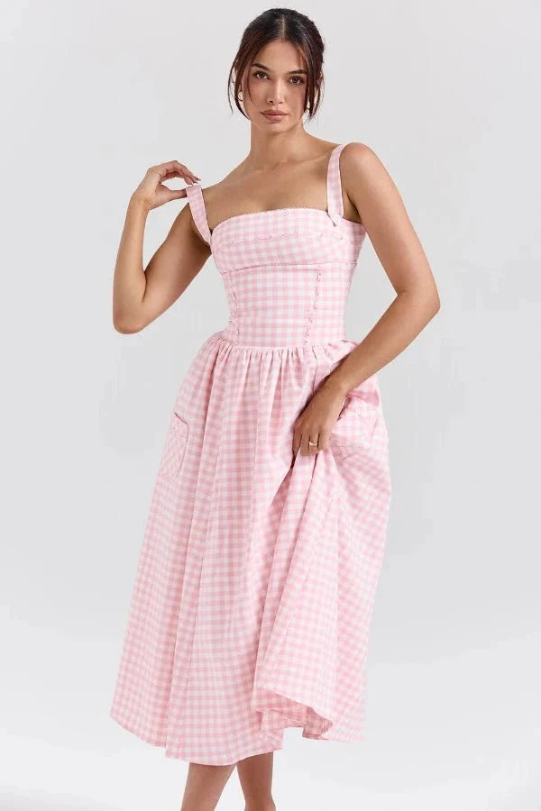 Women Gingham Midi Dress | Square Neck Sleeveless Occasion Wear-Women Dress-Homefinn