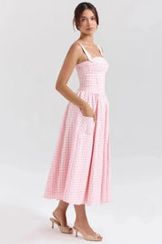 Women Gingham Midi Dress | Square Neck Sleeveless Occasion Wear-Women Dress-Homefinn