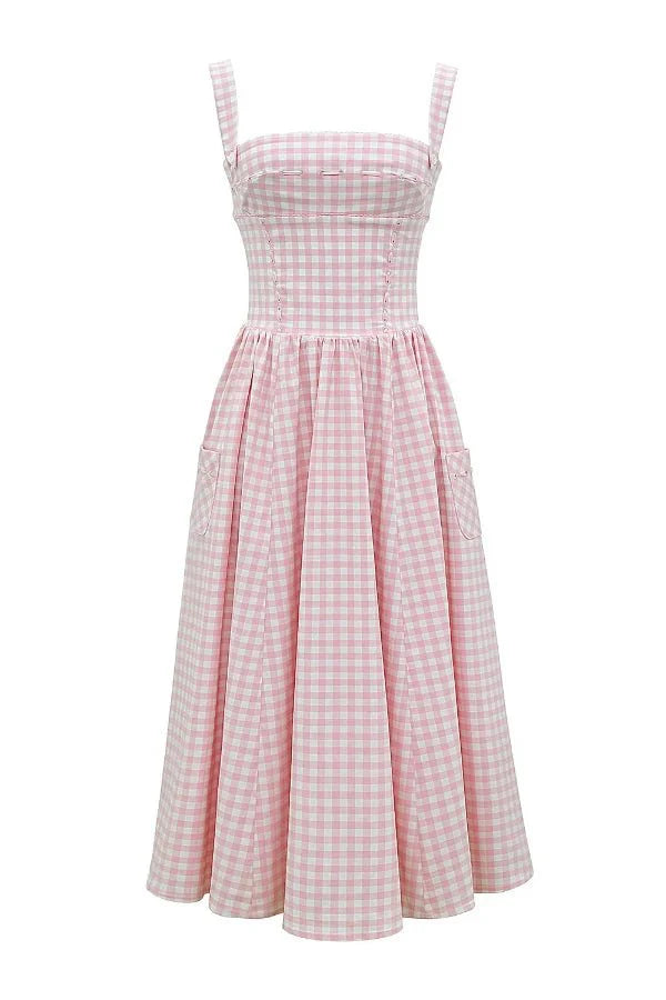 Women Gingham Midi Dress | Square Neck Sleeveless Occasion Wear-Women Dress-Homefinn