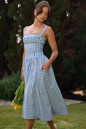 Women Gingham Midi Dress | Square Neck Sleeveless Occasion Wear-Women Dress-Homefinn