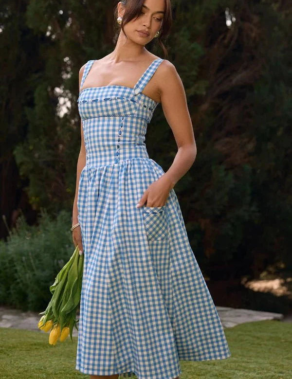 Women Gingham Midi Dress | Square Neck Sleeveless Occasion Wear-Women Dress-Homefinn