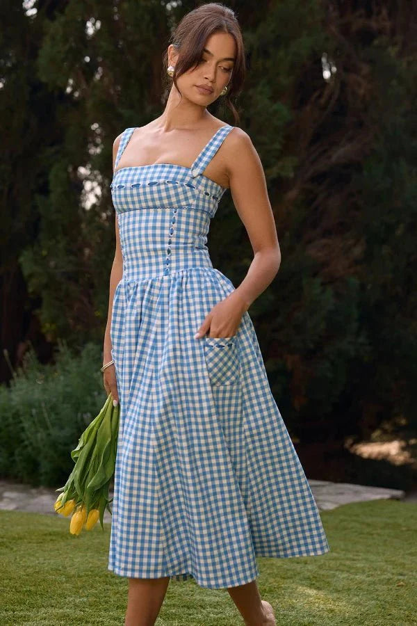 Women Gingham Midi Dress | Square Neck Sleeveless Occasion Wear-Women Dress-Homefinn