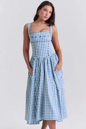 Women Gingham Midi Dress | Square Neck Sleeveless Occasion Wear-Women Dress-Homefinn