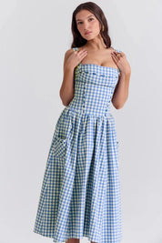 Women Gingham Midi Dress | Square Neck Sleeveless Occasion Wear-Women Dress-Homefinn