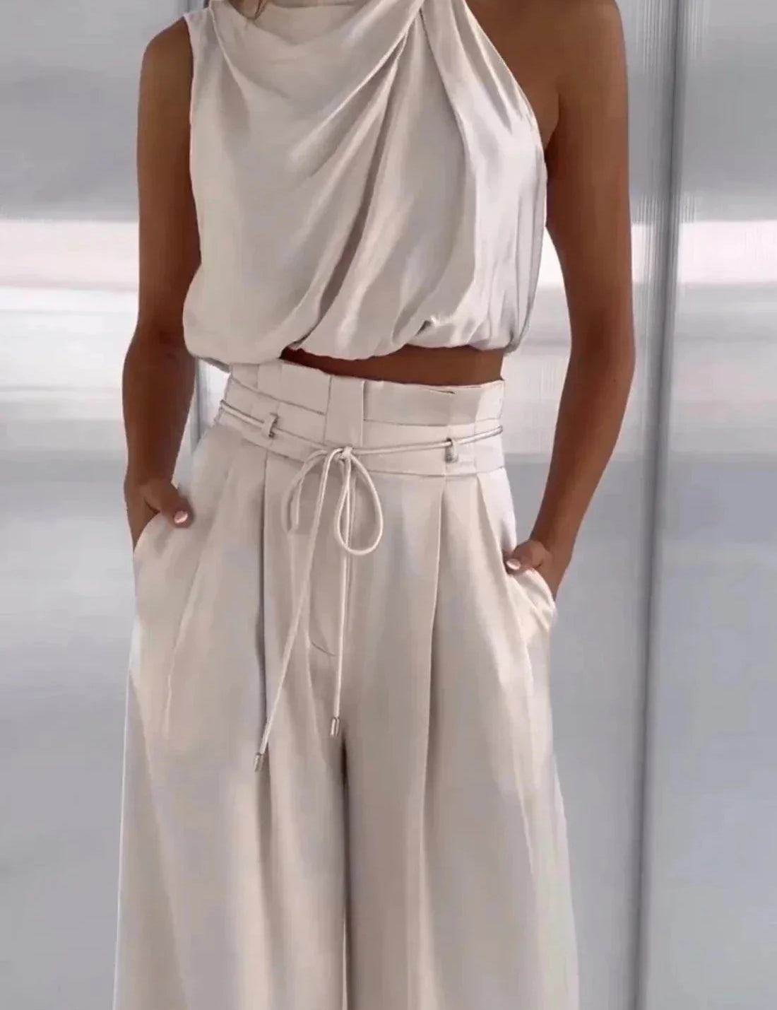 Women Halter Wide Leg Jumpsuit | Tie Waist Sleeveless Occasion Wear-Women Jumpsuit-Homefinn
