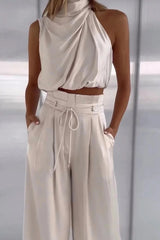 Women's Halter Wide Leg Jumpsuit | Tie Waist Sleeveless Occasion Wear