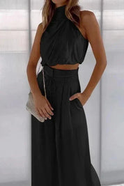 Women Halter Wide Leg Jumpsuit | Tie Waist Sleeveless Occasion Wear-Women Jumpsuit-Homefinn