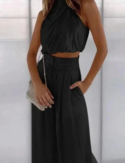 Women Halter Wide Leg Jumpsuit | Tie Waist Sleeveless Occasion Wear-Women Jumpsuit-Homefinn
