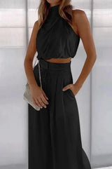 Women's Halter Wide Leg Jumpsuit | Tie Waist Sleeveless Occasion Wear