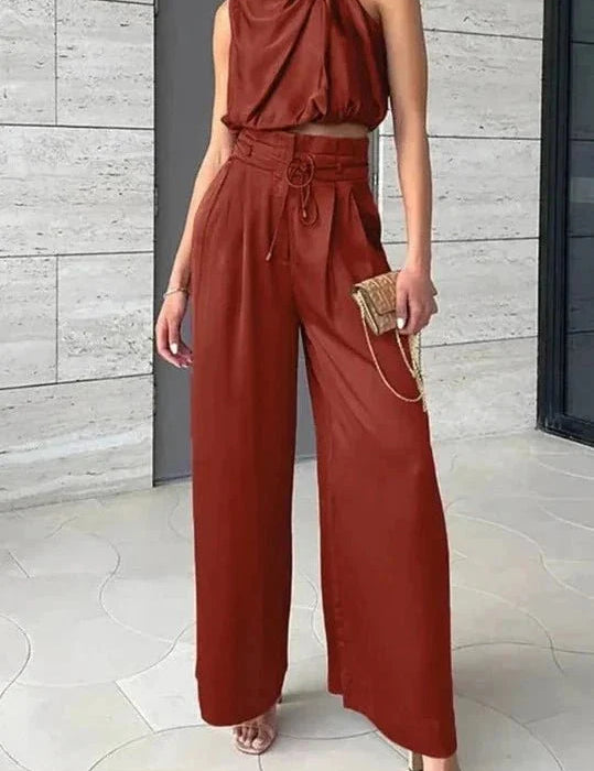 Women Halter Wide Leg Jumpsuit | Tie Waist Sleeveless Occasion Wear-Women Jumpsuit-Homefinn