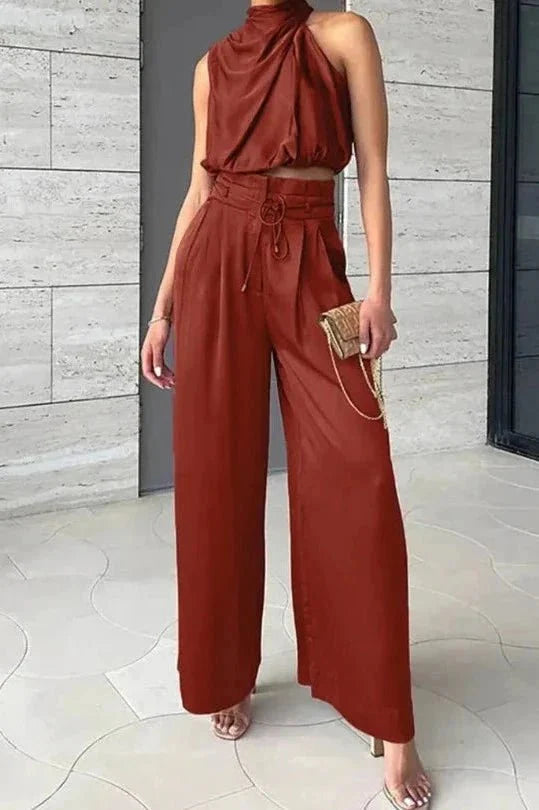 Women Halter Wide Leg Jumpsuit | Tie Waist Sleeveless Occasion Wear-Women Jumpsuit-Homefinn
