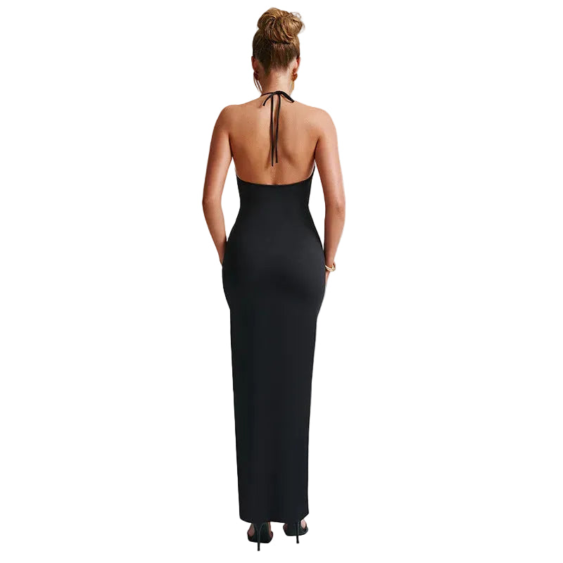 Backless Slit Maxi Dress Halter Neck Bodycon Ruched Evening Gown-Women Dress-Homefinn