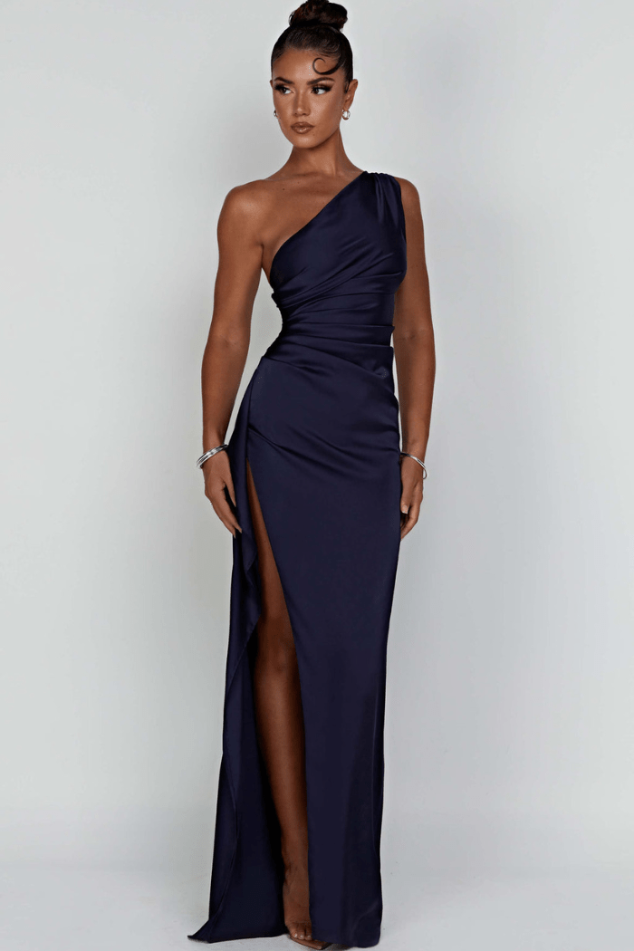 Women One Shoulder Maxi Dress | Ruched Split Occasion Wear-Women Dress-Homefinn