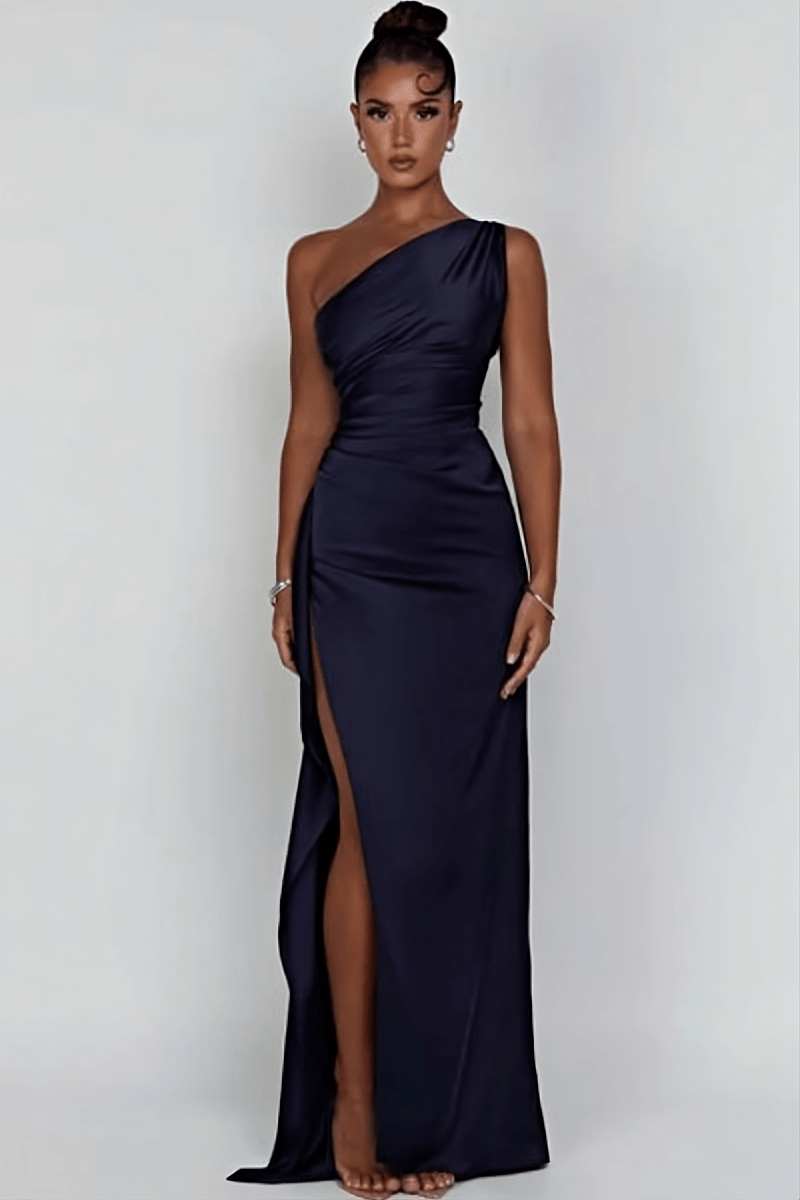 Women One Shoulder Maxi Dress | Ruched Split Occasion Wear-Women Dress-Homefinn