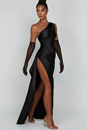 Women One Shoulder Maxi Dress | Ruched Split Occasion Wear-Women Dress-Homefinn