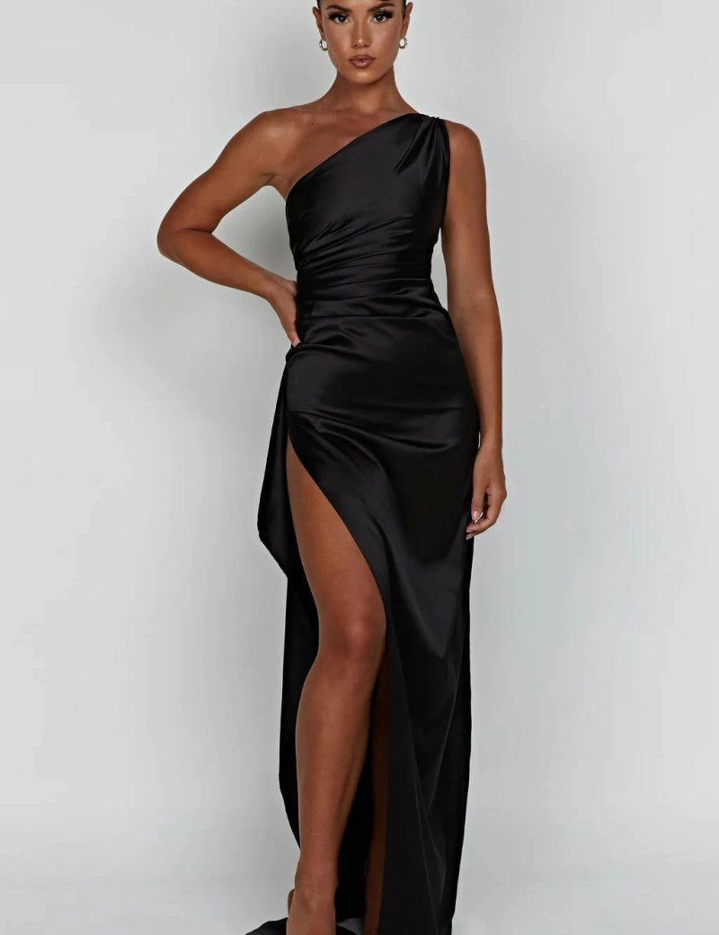 Women One Shoulder Maxi Dress | Ruched Split Occasion Wear-Women Dress-Homefinn