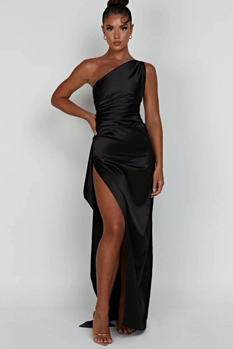 Women One Shoulder Maxi Dress | Ruched Split Occasion Wear-Women Dress-Homefinn