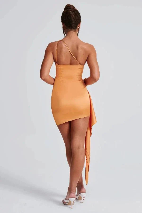 Women One Shoulder Mini Dress | Ruched Party Occasion Wear-Women Dress-Homefinn