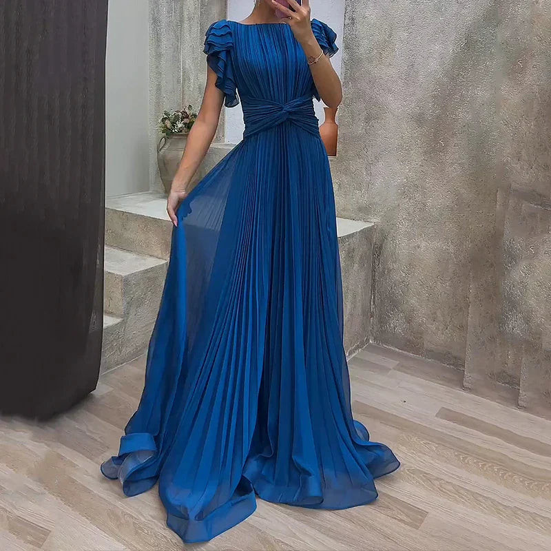 Women Pleated Maxi Dress | Flutter Sleeve Occasion Wear-Women Dress-Homefinn