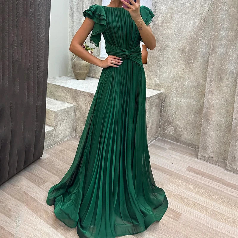Women Pleated Maxi Dress | Flutter Sleeve Occasion Wear-Women Dress-Homefinn