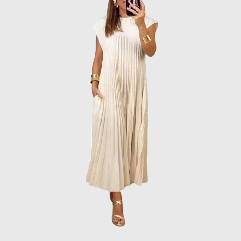 Women Pleated Maxi Dress | Round Neck Sleeveless Everyday Wear-Women Dress-Homefinn