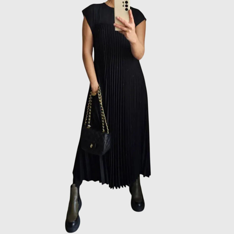Women Pleated Maxi Dress | Round Neck Sleeveless Everyday Wear-Women Dress-Homefinn