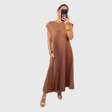 Women Pleated Maxi Dress | Round Neck Sleeveless Everyday Wear